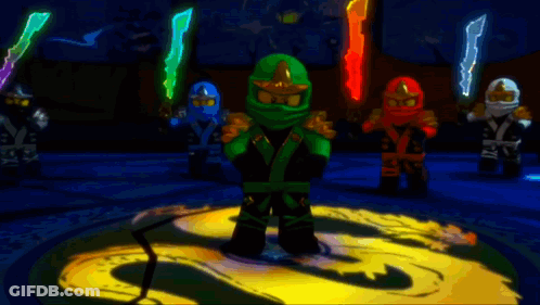 A Group Of Lego Ninjago Characters Are Holding Swords GIF