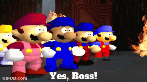 A Group Of Mario Characters Are Standing In Front Of A Fire And The Words Yes Boss Are On The Bottom GIF