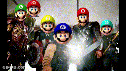 A Group Of Mario Characters Posing For A Photo GIF