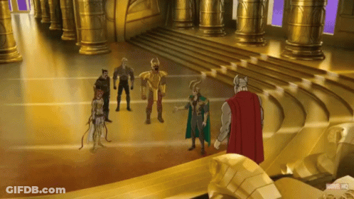 Marvel Characters Standing In Room With Gold Columns GIF