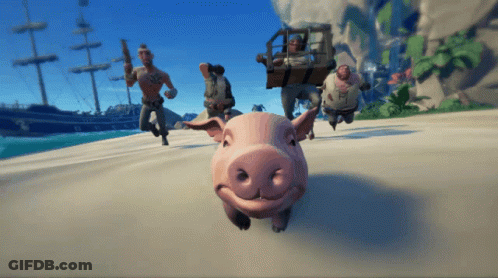 A Group Of Men And A Pig Are Running On A Beach In A Video Game GIF