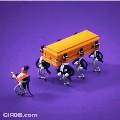 A Group Of Men Are Carrying A Coffin On A Purple Background GIF