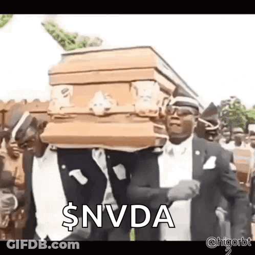 A Group Of Men Are Carrying A Coffin With The Word $ Nvda On It . GIF