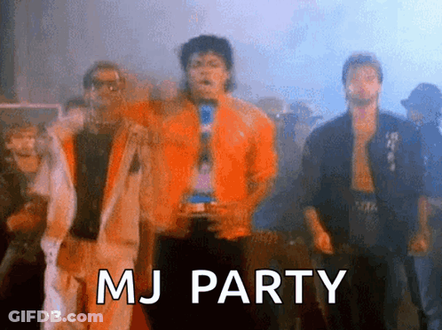 A Group Of Men Are Dancing And The Words Mj Party Are On The Bottom GIF