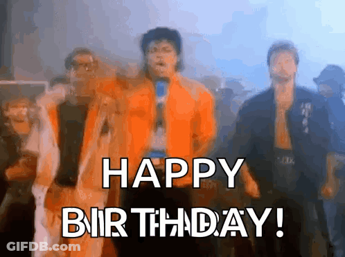 A Group Of Men Are Dancing In A Dark Room And The Words Happy Birthday Are On The Screen . GIF