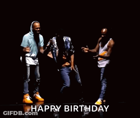 A Group Of Men Are Dancing In A Dark Room With The Words `` Happy Birthday '' Written In The Corner . GIF