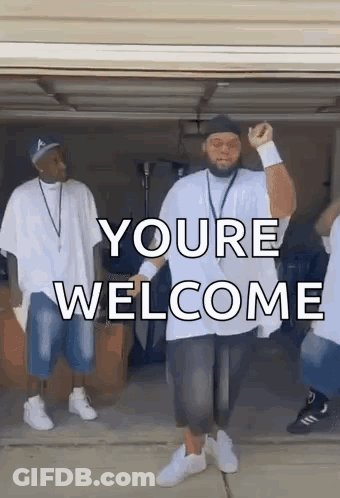 A Group Of Men Are Dancing In A Garage With The Words `` Youre Welcome '' Written On The Bottom . GIF