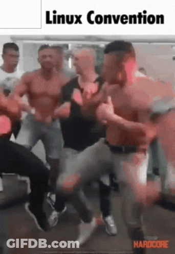 A Group Of Men Are Dancing In A Room With The Words Linux Convention On The Top GIF