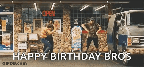 A Group Of Men Are Dancing In Front Of A Fast Food Restaurant While A Van Is Parked In Front Of Them . GIF