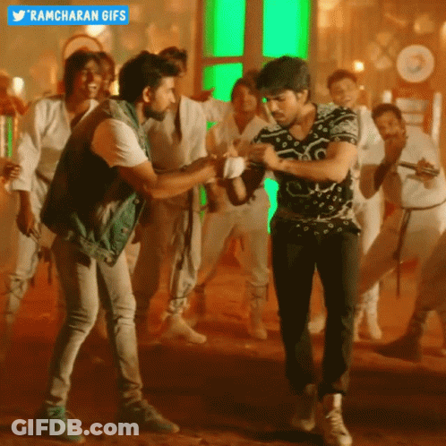 A Group Of Men Are Dancing In Front Of A Green Screen And A Ramcharan GIF Is Displayed GIF
