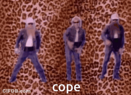 A Group Of Men Are Dancing In Front Of A Leopard Print Background And The Word Cope Is On The Bottom GIF