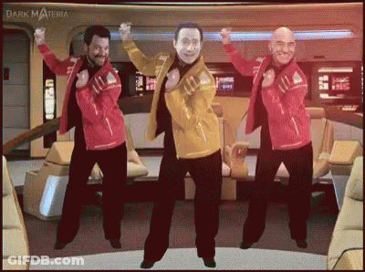 A Group Of Men Are Dancing In Front Of A Sign That Says Dark Materia GIF