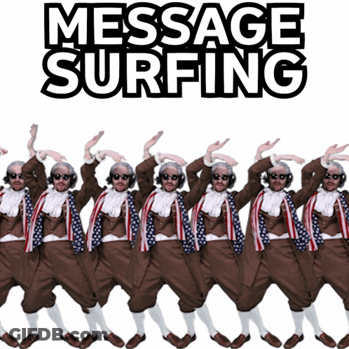A Group Of Men Are Dancing In Front Of A Sign That Says " Message Surfing " GIF