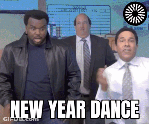 A Group Of Men Are Dancing In Front Of A Sign That Says " New Year Dance " GIF