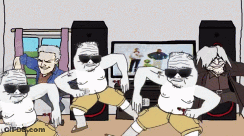 A Group Of Men Are Dancing In Front Of A Television GIF