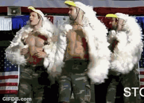 A Group Of Men Are Dancing In Front Of An American Flag With The Word Stc In The Corner GIF