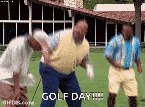 A Group Of Men Are Dancing On A Golf Course And The Words Golf Day Are Visible . GIF