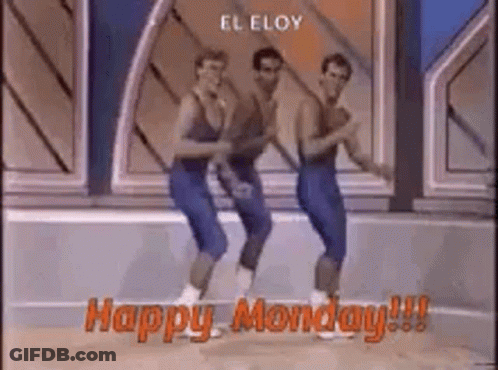A Group Of Men Are Dancing On A Stage With The Words `` Happy Monday '' . GIF