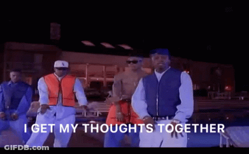 A Group Of Men Are Dancing With The Words " I Get My Thoughts Together " In The Background GIF