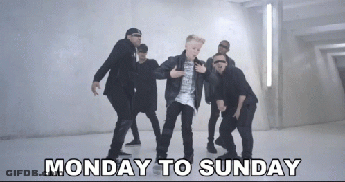 A Group Of Men Are Dancing With The Words Monday To Sunday Written Below Them GIF