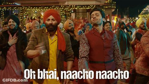 A Group Of Men Are Dancing With The Words Oh Bhai Naacho Naacho In The Background GIF