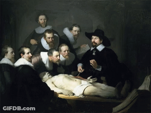 A Group Of Men Are Gathered Around A Dead Body In A Painting That Says Houte GIF