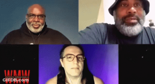 A Group Of Men Are Having A Video Call With The Word Nirvana On The Bottom Left Corner GIF