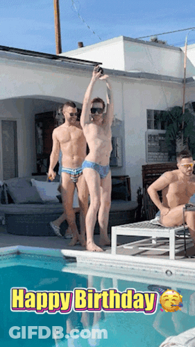 A Group Of Men Are Jumping Into A Swimming Pool With The Words Happy Birthday On The Bottom GIF