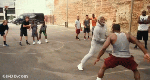 A Group Of Men Are Playing Basketball On A Court And One Of Them Is Wearing A Sb3 Jersey GIF