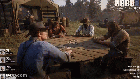 A Group Of Men Are Playing Cards In A Video Game And One Of The Cards Is A King GIF