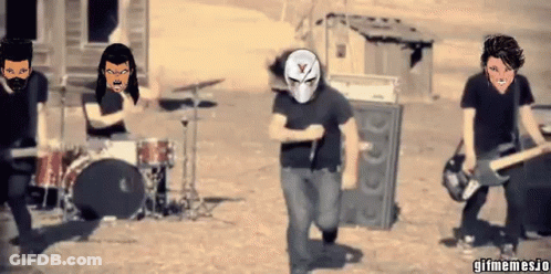 A Group Of Men Are Playing Instruments And One Of Them Has A Mask On GIF