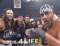 A Group Of Men Are Posing For A Picture And One Of Them Is Wearing A Headband That Says Hollywood On It GIF