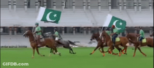 A Group Of Men Are Riding Horses And Holding Flags With The Letter C On Them . GIF