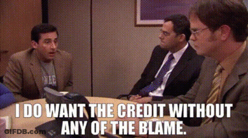 Men Sitting Around Table With I Want Credit Without Blame GIF