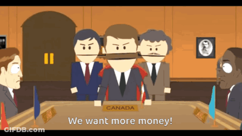 A Group Of Men Are Sitting Around A Table With A Sign That Says Canada GIF