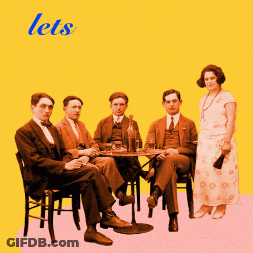 A Group Of Men Are Sitting Around A Table With A Woman Standing Behind Them And The Words Let 'S On The Top GIF