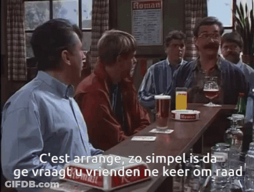 A Group Of Men Are Sitting At A Bar With A Sign That Says Roman On It GIF
