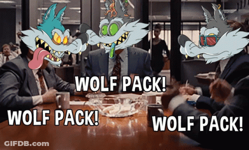 A Group Of Men Are Sitting At A Table With Wolf Pack Written On The Bottom GIF