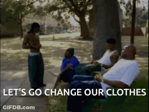 A Group Of Men Are Sitting In A Park With The Words Let 'S Go Change Our Clothes GIF