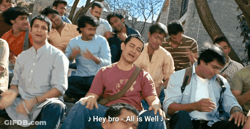 A Group Of Men Are Sitting In A Row And One Of Them Says " Hey Bro All Is Well " GIF