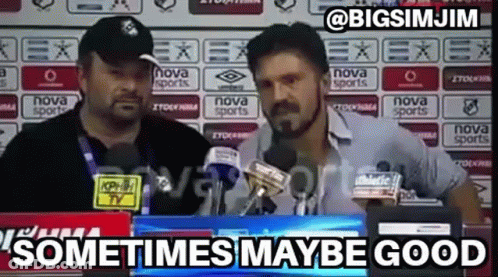 A Group Of Men Are Sitting In Front Of Microphones And A Sign That Says `` Sometimes Maybe Good '' . GIF
