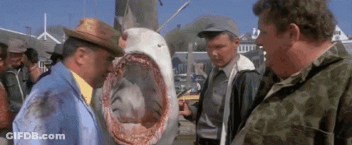 A Group Of Men Are Standing Around A Large Shark . GIF