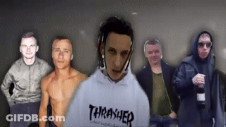 A Group Of Men Are Standing Around A Man Wearing A Thrasher Sweatshirt . GIF