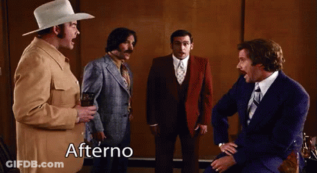 A Group Of Men Are Standing Around Talking And The Word Afterno Is On The Bottom Left GIF