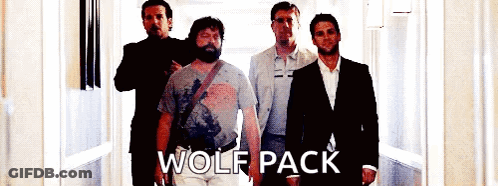 A Group Of Men Are Standing In A Hallway And The Word Wolf Pack Is On The Bottom Right GIF