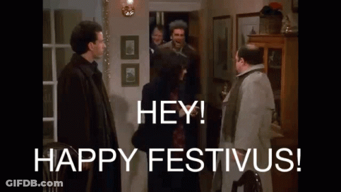 A Group Of Men Are Standing In A Living Room Talking To Each Other And The Words `` Hey ! Happy Festivus ! '' GIF