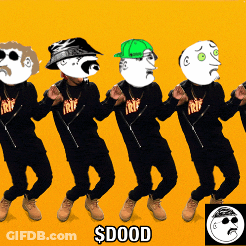 A Group Of Men Are Standing In A Row With A Yellow Background And The Word $ Dood On The Bottom Left GIF