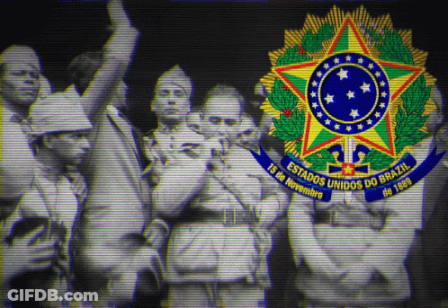 A Group Of Men Are Standing In Front Of A Banner That Says Estados Unidos Do Brasil GIF