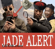 A Group Of Men Are Standing In Front Of A Sign That Reads Jade Alert GIF