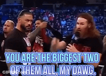 A Group Of Men Are Standing Next To Each Other And One Of Them Is Holding A Microphone And Says You Are The Biggest Two GIF